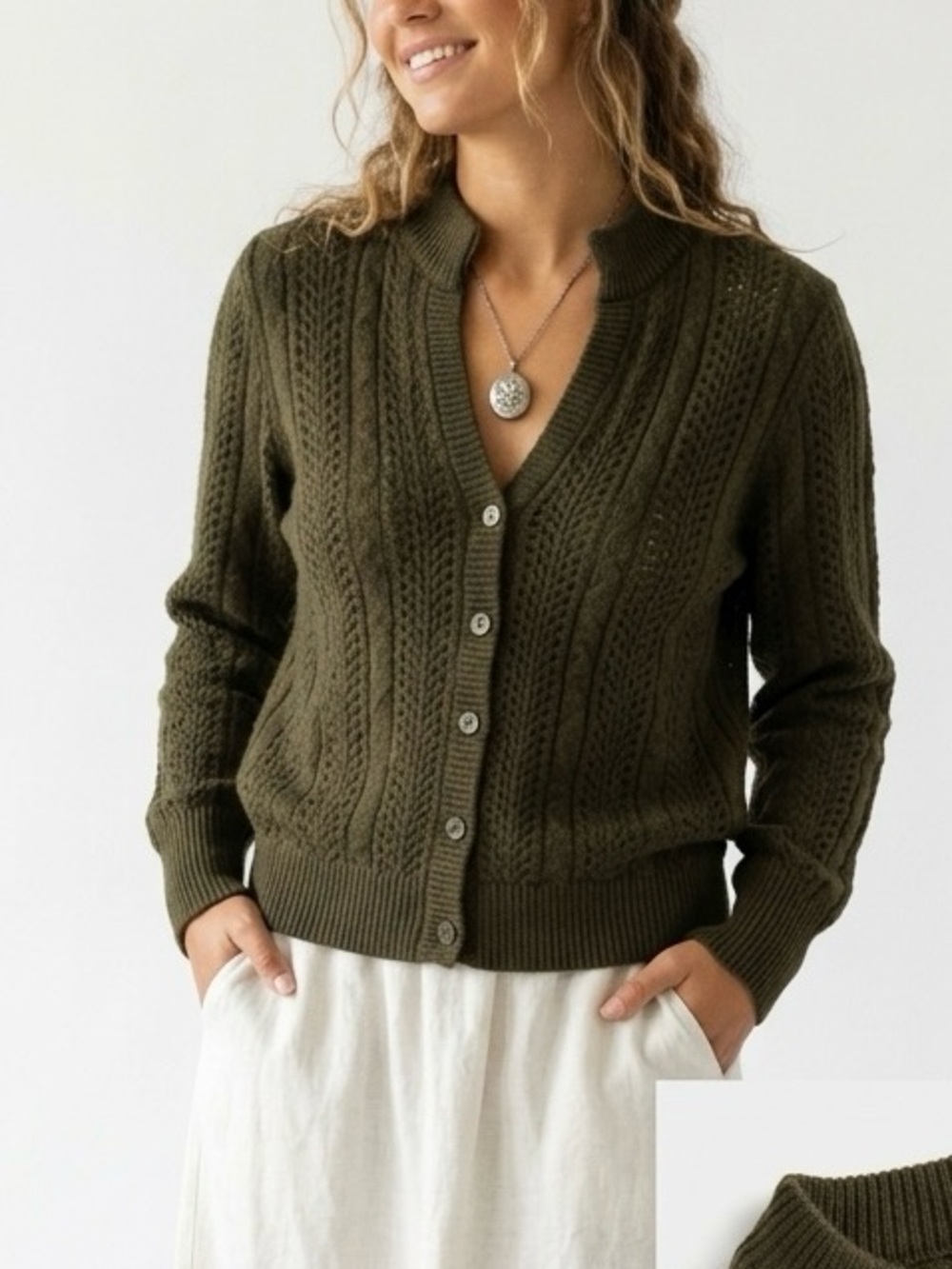Vtg Dalton Olive Green Pure Virgin Wool Pointelle Cable Knit Cardigan Sweater 12